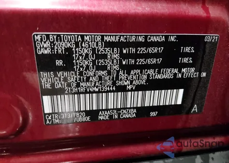 2021 Toyota Rav4 Le z USA, uszkodzony, nr VIN 2T3H1RFV4MW139444